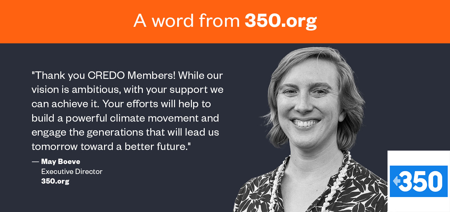 Headshot of May Boeve Executive Director of 350.org with the 250.org Logo and thank you quote.